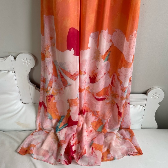 ORANGE SLEEVELESS HALTER MAXI DRESS STRETCH WAIST GOLD NECKLACE CLOSURE - Picture 5 of 13